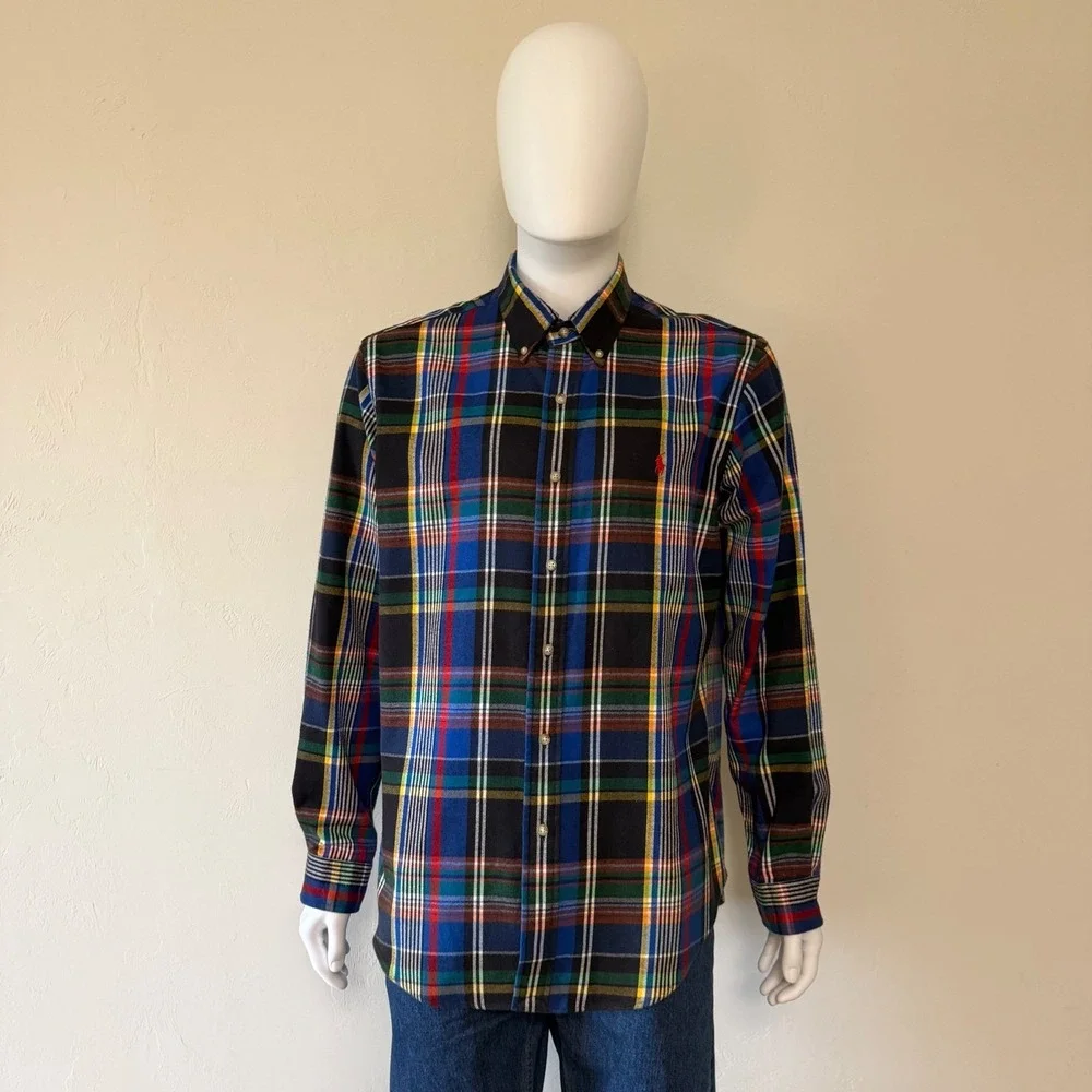 Ralph Lauren Mens  Custom Fit Plaid Flannel Button Down Shirt Multi Color Size L